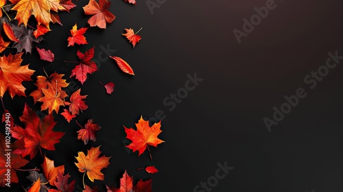 Scattered red autumn leaves on a black background with copy space