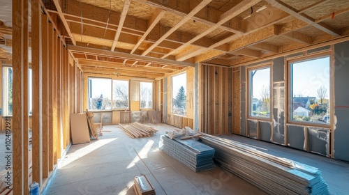 A construction site for a passive house, where builders are integrating advanced ventilation systems and airtight sealing to minimize energy consumption