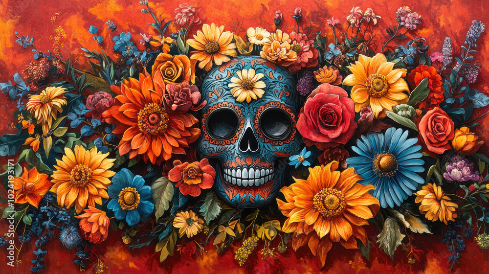 A bold Day of the Dead poster featuring a large sugar skull surrounded by intricate floral designs and vibrant colors, symbolizing life, death, and renewal A bold Day of the Dead poster featuring a large sugar skull surrounded by intricate floral designs and vibrant colors, symbolizing life, death, and renewal