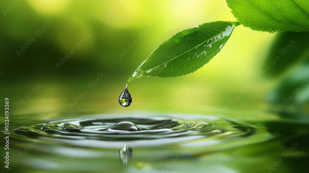 Droplet Forming from a Leaf: A close-up of a leaf with a single water droplet forming on its tip, about to fall. Droplet Forming from a Leaf: A close-up of a leaf with a single water droplet forming on its tip, about to fall.