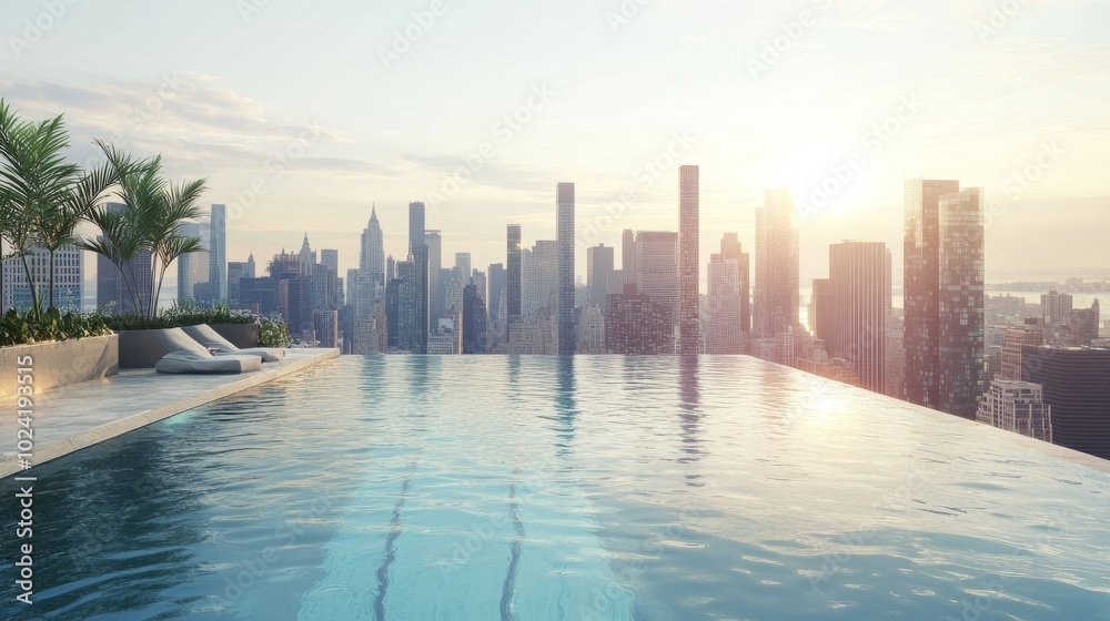 Fototapeta premium A rooftop infinity pool designed to face surrounding tall, modern buildings under bright, sunny weather