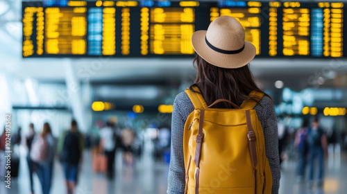 Traveling woman at airport with yellow backpack and straw hat, looking at flight information board. atmosphere is filled with excitement and anticipation