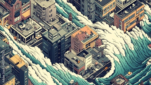 whimsical disaster vignettes, simplified architectural forms, dynamic weather effects, isometric perspective, bold outlines, contrasting textures, infographic-style representations photo