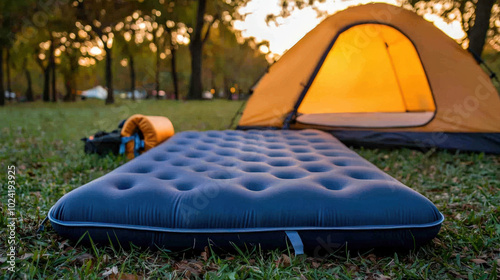 comfortable air mattress is set up on grass in front of glowing tent, surrounded by trees. scene captures essence of outdoor camping and relaxation