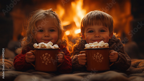 A family-friendly hot chocolate poster featuring kids holding steaming mugs of hot chocolate topped with marshmallows, with a cozy fireplace in the background photo