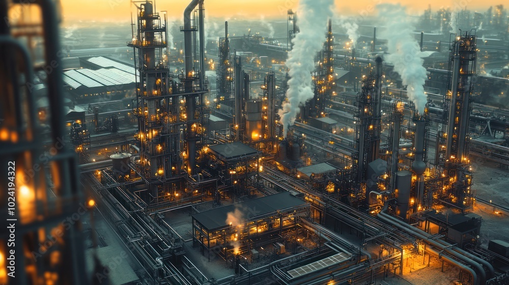 A modern oil refinery using advanced carbon capture technology to reduce emissions, with solar panels powering parts of the facility, demonstrating sustainable oil production A modern oil refinery using advanced carbon capture technology to reduce emissions, with solar panels powering parts of the facility, demonstrating sustainable oil production