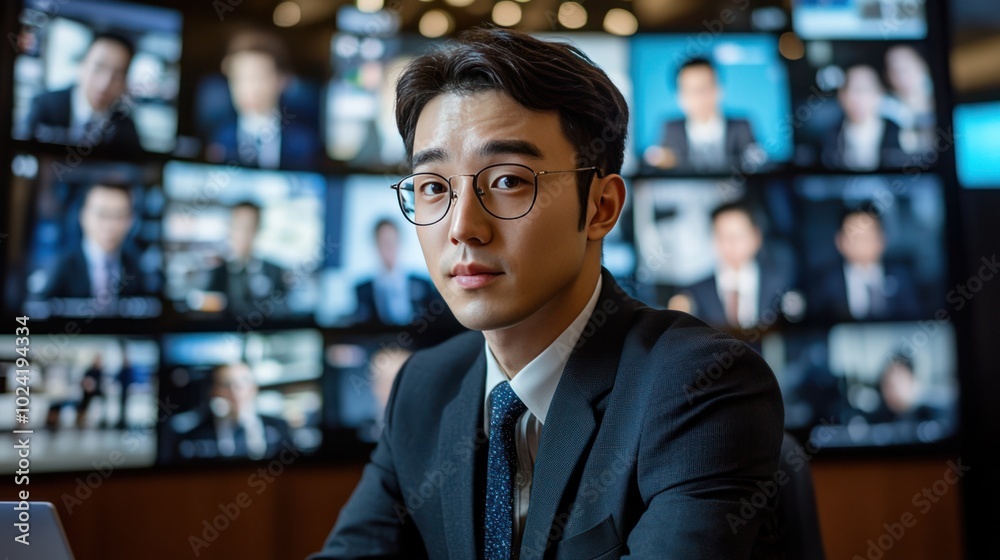An Asian executive at the center of a video conference, participating in an international business meeting with multiple screens showing global team members An Asian executive at the center of a video conference, participating in an international business meeting with multiple screens showing global team members