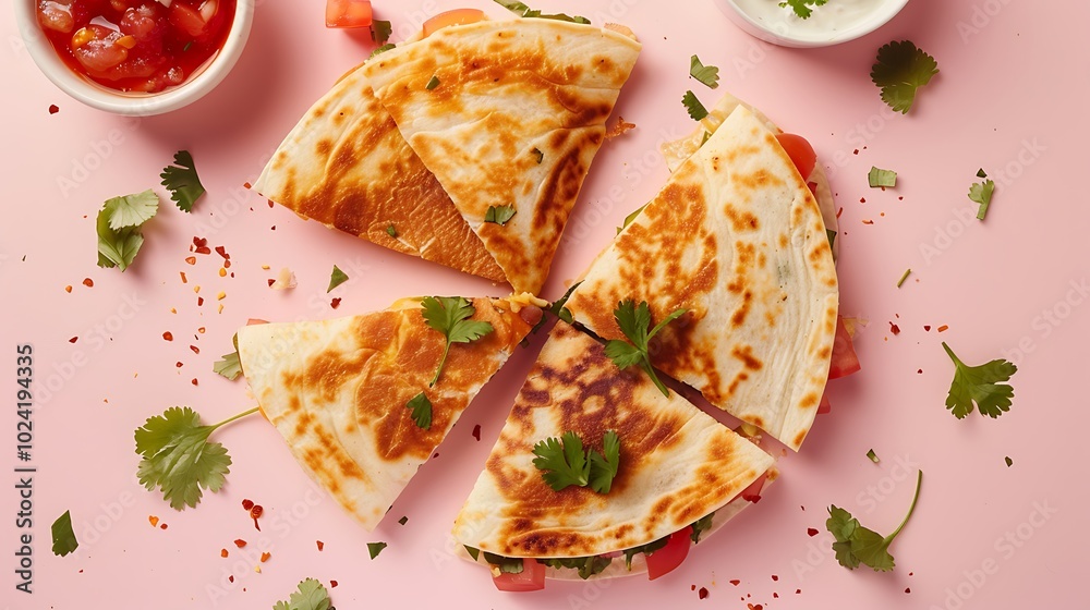 A warm cheesy quesadilla with salsa on pink background A warm cheesy quesadilla with salsa on pink background