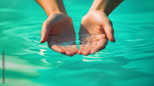 Hands Holding Water: Two hands cupped together gently holding a pool of clean, reflective water.