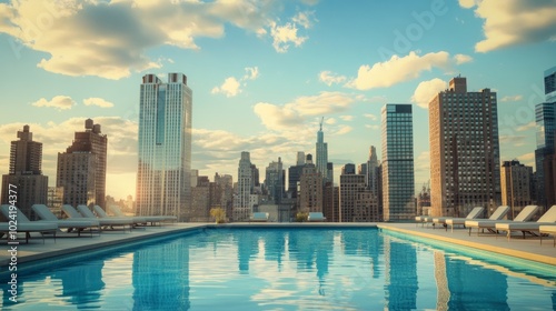 Rooftop pool reflecting the bright sky, with surrounding buildings in view, offering a serene escape in the heart of the city.