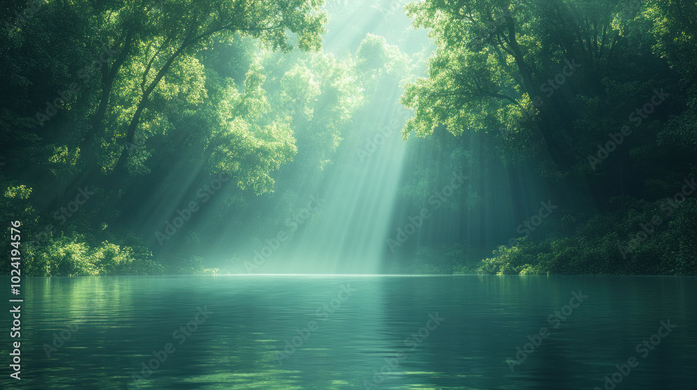 A funeral flyer with a nature-inspired theme, showcasing a calm forest or river scene to represent peace and reflection, with space for text below