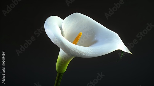 A pure white calla lily flower isolated on a black background. photo