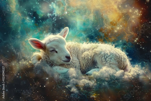 A sheep is laying down in a field of stars. The sheep is white and has its head down. The stars are scattered throughout the sky, creating a dreamy and peaceful atmosphere