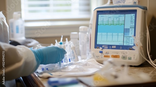 A patient performing dialysis at home using a compact, portable machine, surrounded by clean supplies and instructions, creating a comfortable, convenient home treatment setup
