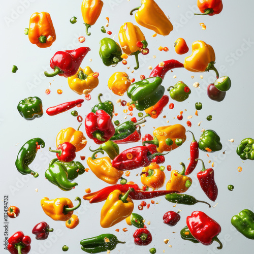 Wallpaper Mural Various falling fresh ripe sweet pepper on light white background, horizontal composition Torontodigital.ca