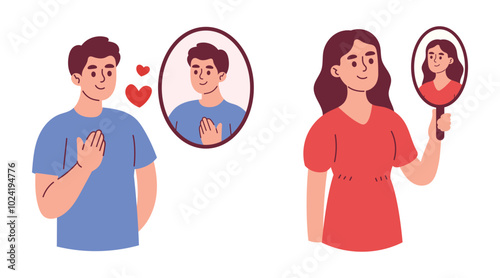 Woman and Man Looking in Mirror Shows Self Love