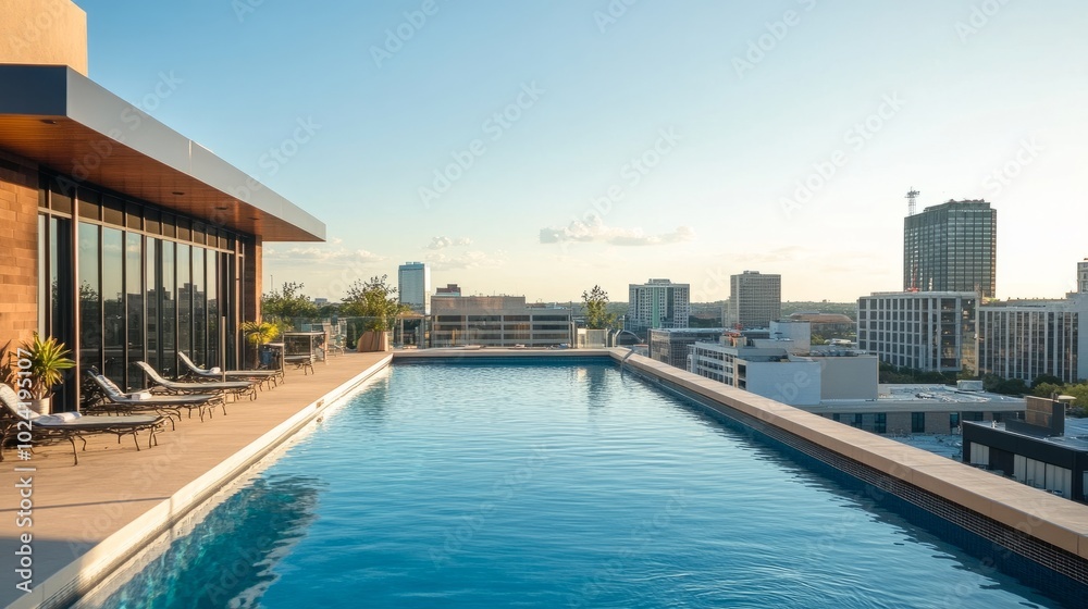 Obraz premium Rooftop swimming pool with sleek design, overlooking surrounding city buildings under a clear, sunny sky