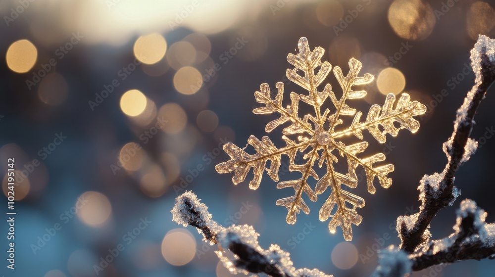 Golden snowflake on icy branches with a soft glow of bokeh lights in the background. A stunning and elegant holiday decoration. Golden snowflake on icy branches with a soft glow of bokeh lights in the background. A stunning and elegant holiday decoration.