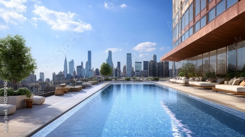 Rooftop swimming pool with unobstructed views of surrounding buildings under a bright, cloudless sky