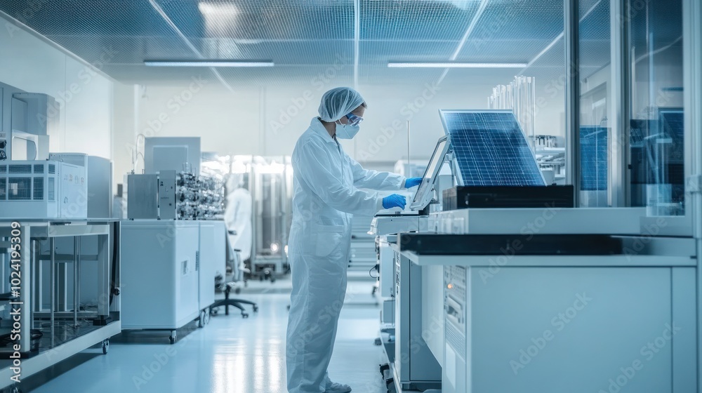 A research lab developing new clean electricity technologies, with scientists working on next-generation solar panels and energy storage solutions for a sustainable future A research lab developing new clean electricity technologies, with scientists working on next-generation solar panels and energy storage solutions for a sustainable future