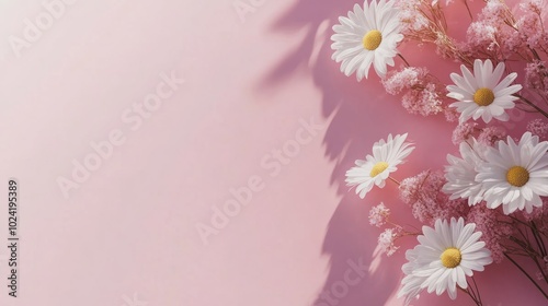 Minimal styled concept. White daisy chamomile flowers on pale pink background. Creative lifestyle, summer, spring concept. Copy space, flat lay, top view.