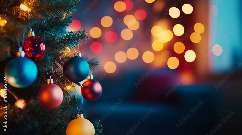 A close-up of holiday lights and ornaments on a Christmas tree, with a blurred background of a festive living room A close-up of holiday lights and ornaments on a Christmas tree, with a blurred background of a festive living room