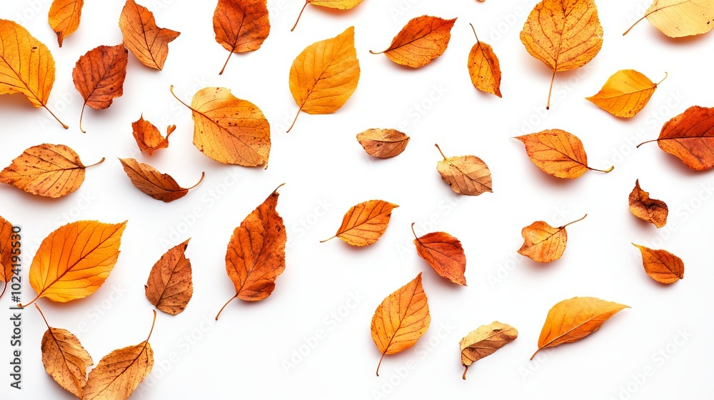 A white background with a lot of orange leaves scattered around it