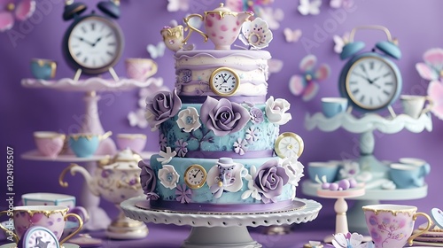 Alice in Wonderland cake with tea cups clocks and whimsical designs on purple background