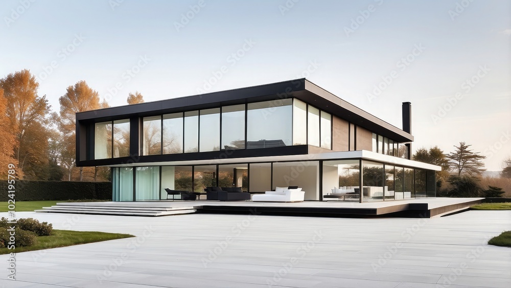 A sleek, modern minimalist house with clean lines, large glass windows, and a flat roof, isolated on white A sleek, modern minimalist house with clean lines, large glass windows, and a flat roof, isolated on white