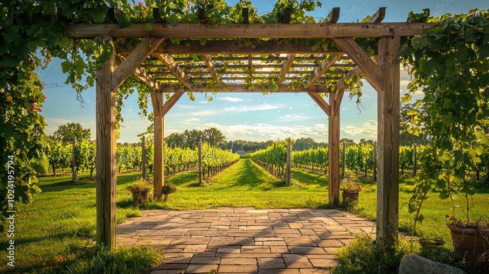 Scenic escape under a wooden pergola surrounded by vineyards and draped grapevines. Scenic escape under a wooden pergola surrounded by vineyards and draped grapevines.