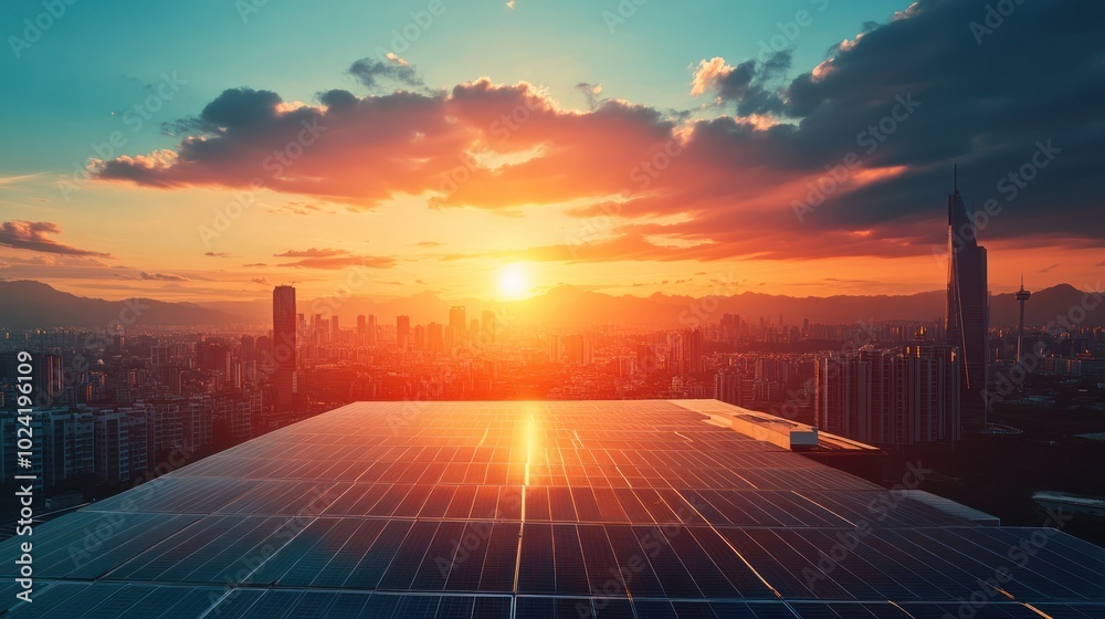 A solar power plant using advanced photovoltaic technology to harness sunlight efficiently, producing clean electricity for a large urban area while reducing carbon emissions
