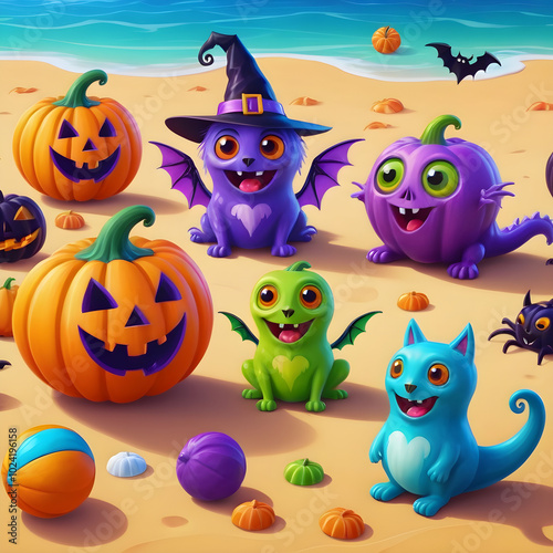 Spooky Halloween creatures are depicted in a whimsical, cartoonish style as they relax on a sun-soaked beach. The bright, vibrant colors and playful details give the scene a fun, energetic summer vibe