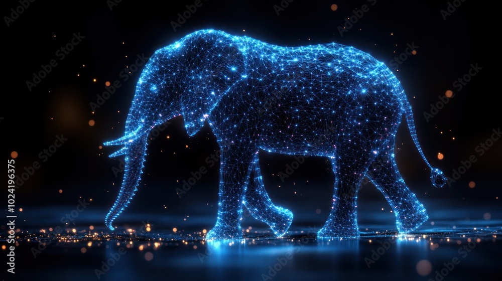 A blue digital elephant silhouette formed from glowing particles walks across a dark, reflective surface with scattered lights. A blue digital elephant silhouette formed from glowing particles walks across a dark, reflective surface with scattered lights.