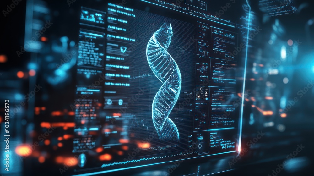Fototapeta premium Digital representation of DNA with data overlays, emphasizing genetic research and analysis.