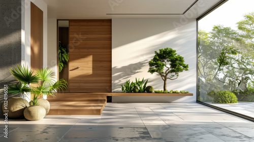house with wooden door and empty white wall