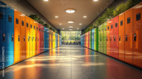 A row of modern, brightly colored gym lockers with sleek digital locks, set in a high-end fitness center, ready for use photo