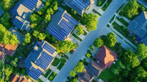 A vibrant neighborhood powered by community solar panels installed on rooftops and shared solar farms, with residents receiving clean, affordable electricity through a collective grid