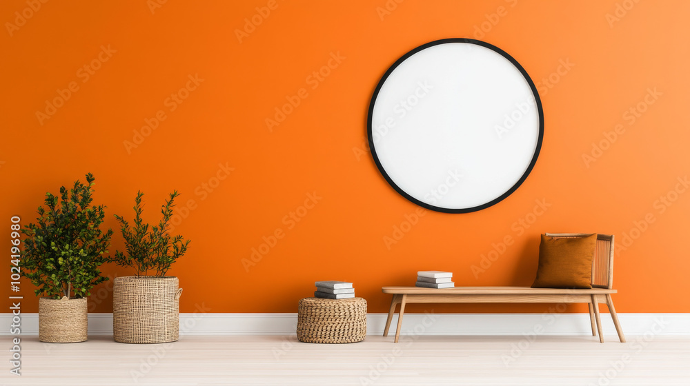 A minimalist living room with a bright orange wall, a round mirror, and a wooden bench. A minimalist living room with a bright orange wall, a round mirror, and a wooden bench.