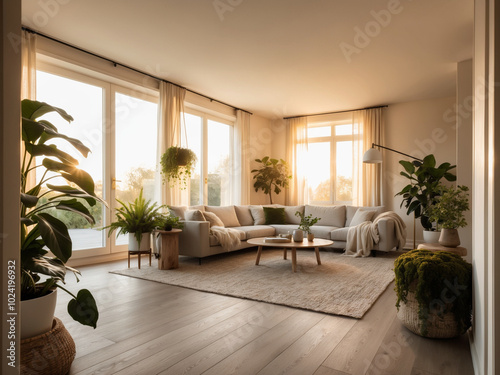 Cozy Living Room with Large Windows and Lush Greenery