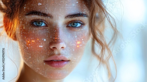 A close-up of a woman's face with digital patterns overlaying her skin, creating a futuristic effect.