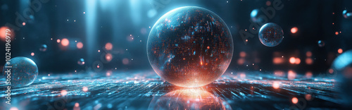 Giant AI core surrounded by floating data spheres in an abstract environment