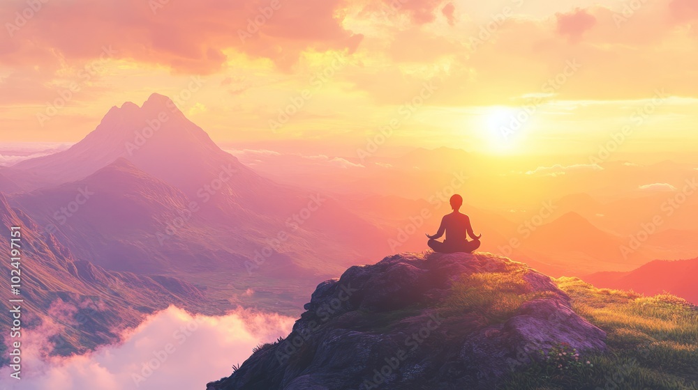An Asian person meditating on a mountaintop at sunset, the vast landscape stretching out below them, with soft, warm light highlighting the peacefulness of the moment An Asian person meditating on a mountaintop at sunset, the vast landscape stretching out below them, with soft, warm light highlighting the peacefulness of the moment