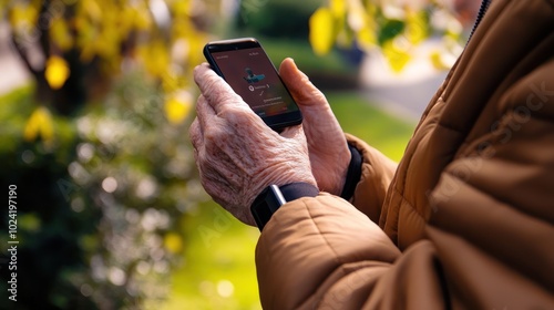 An elderly person wearing a wristband with built-in fall detection and emergency alert features, connected to their smartphone for real-time monitoring and medical assistance