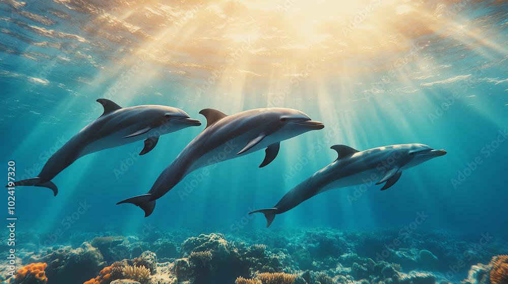 Obraz premium Three dolphins swimming gracefully underwater, surrounded by vibrant coral reefs and illuminated by rays of sunlight, creating a serene and lively underwater scene.