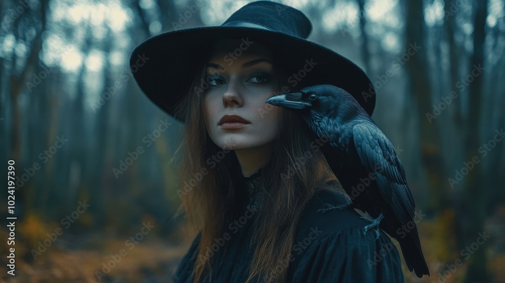 Mysterious witch in the forest with a raven on her shoulder, wearing a black hat, surrounded by a magical and eerie atmosphere. Mysterious witch in the forest with a raven on her shoulder, wearing a black hat, surrounded by a magical and eerie atmosphere.