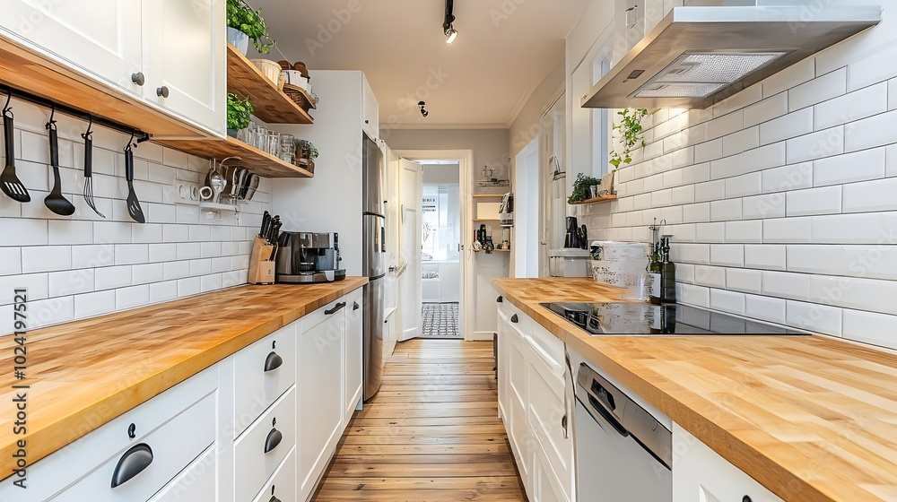 A compact galley kitchen with white cabinets, subway tile backsplash, and wooden countertops A compact galley kitchen with white cabinets, subway tile backsplash, and wooden countertops