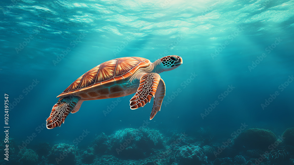 Fototapeta premium A graceful sea turtle swimming freely in crystal-clear waters, surrounded by vibrant marine life, showcasing the beauty of ocean ecosystems.