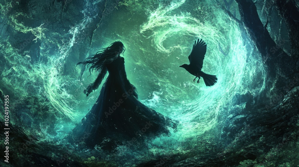 Mysterious witch standing in a dark forest, with a raven on her shoulder, surrounded by swirling magical energy. Mysterious witch standing in a dark forest, with a raven on her shoulder, surrounded by swirling magical energy.