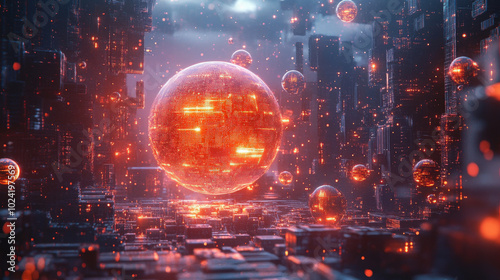 Giant AI core surrounded by floating data spheres in an abstract environment photo