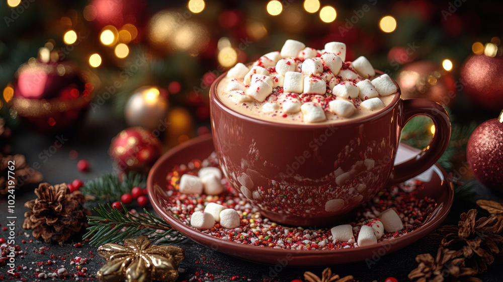 Fototapeta premium A vibrant hot chocolate poster with colorful marshmallows floating on a cup of hot chocolate, surrounded by festive holiday decorations and warm lighting